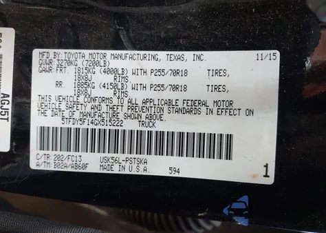 2016 Toyota Tundra Sr5 5.7L V8 z USA, uszkodzony, nr VIN 5TFDY5F14GX515222